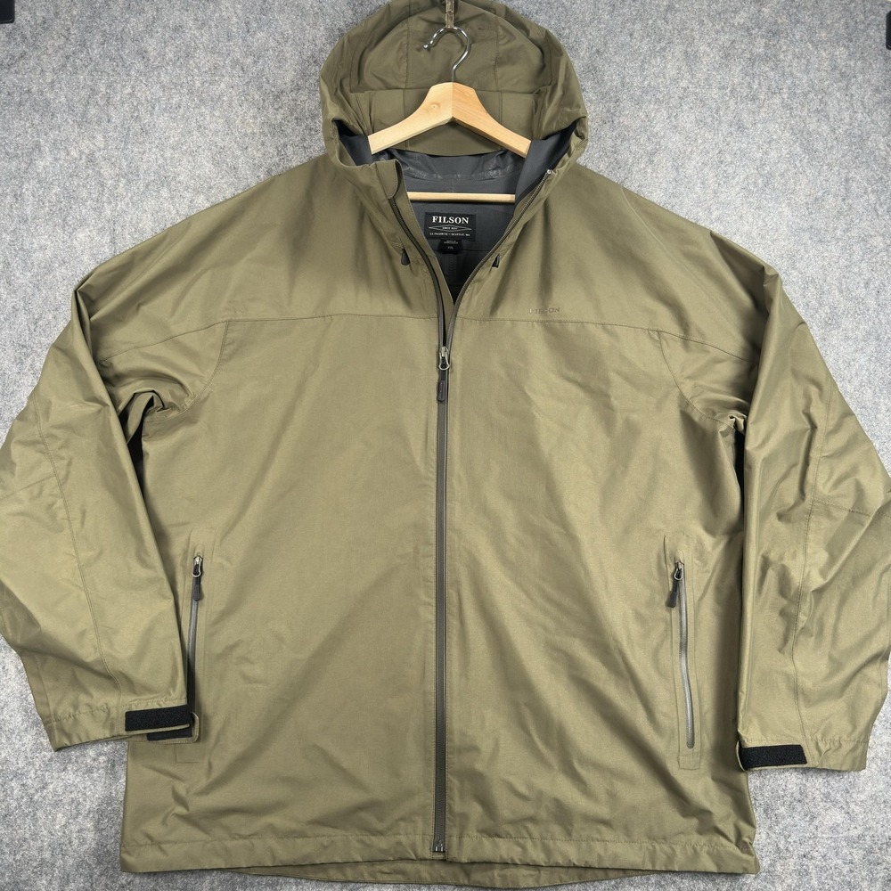Filson Jacket Mens 2XL Green Hooded Nylon Rain Coat Water Resistant Softshell